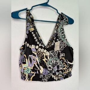 FREE PEOPLE INTIMATELY NWT CRISS CROSS GRAPHIC CROPPED SHOULDER TIE BLOUSE SZ XS